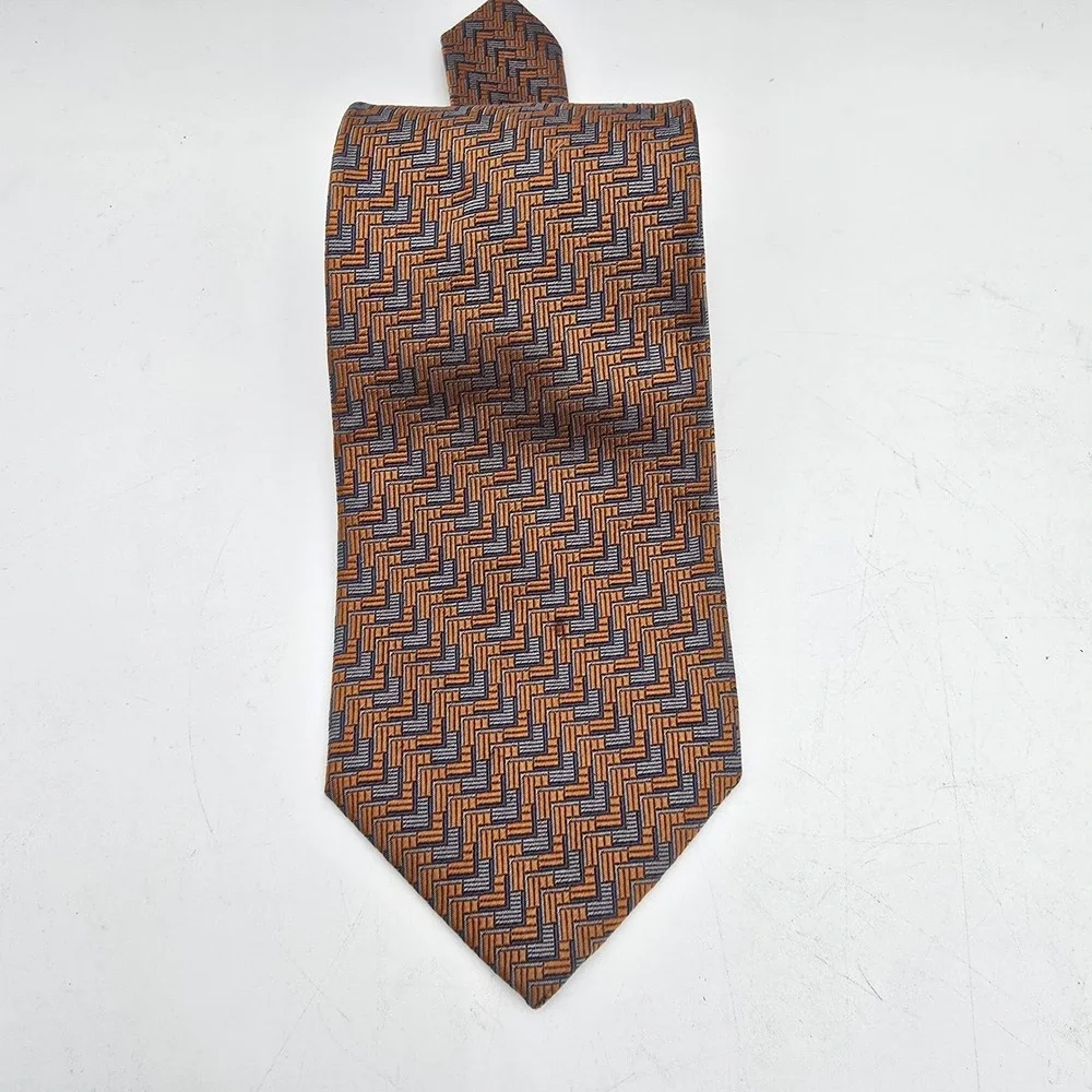 Mens J Hane Barnes Orange Gray‎ Geometric 100% Silk Tie Made in Japan